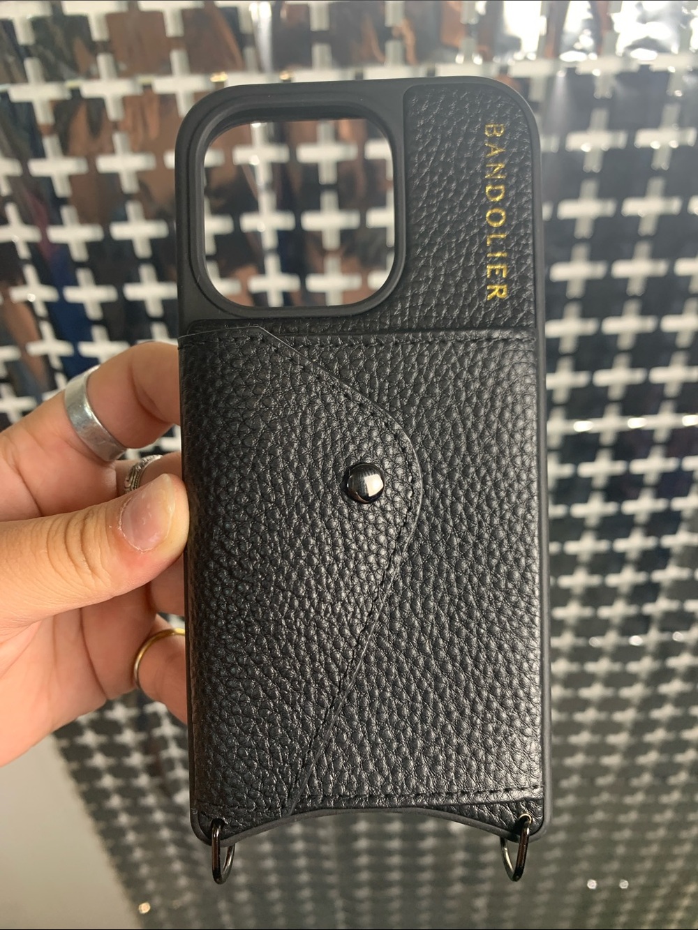 Bandolier Black Leather Crossbody iPhone 15 Pro Case with Card Pocket
